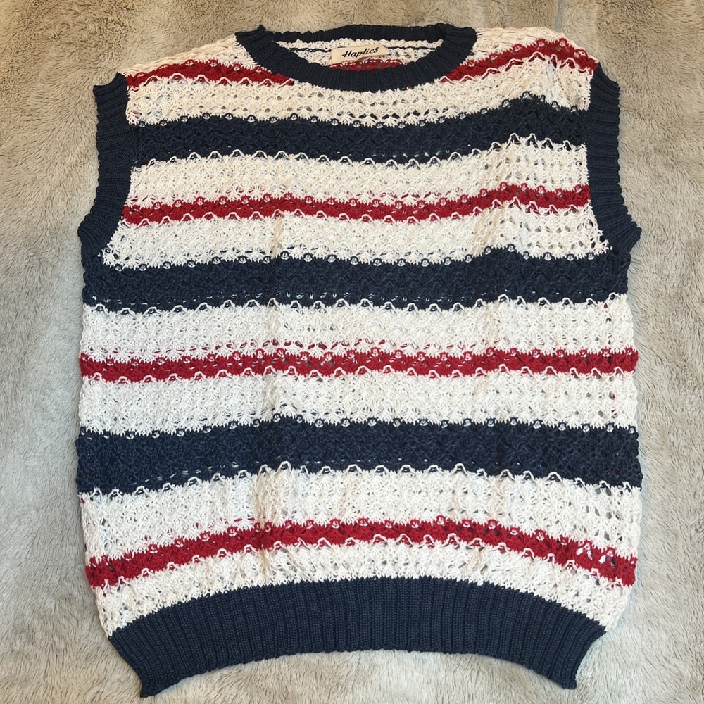 Haptics by Holly Harper Crochet Knit Striped Sweater Vest Navy Red White Small